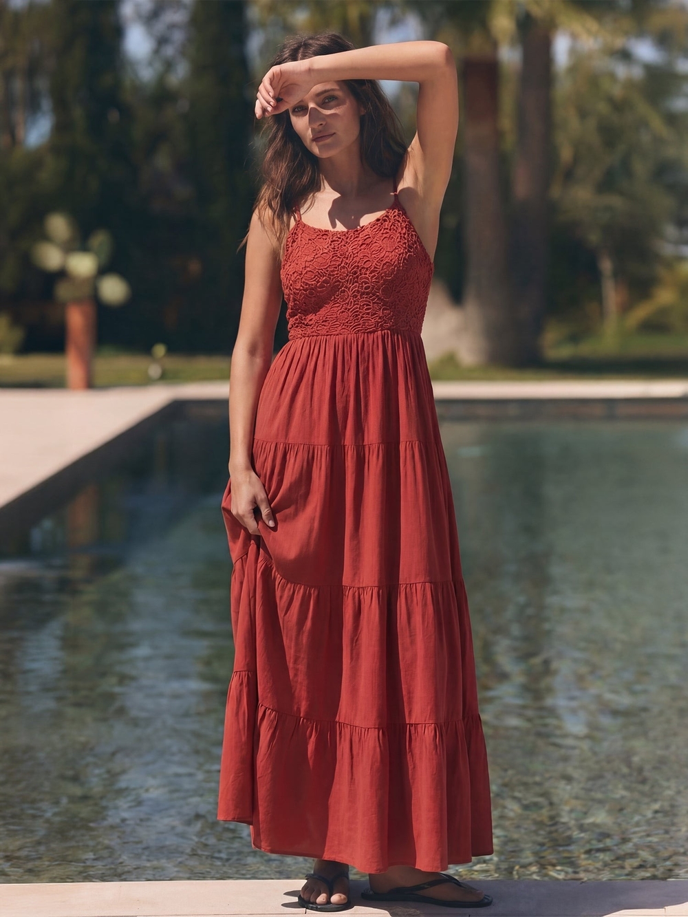 Sleeveless Lace Bodice Tiered Cotton Maxi Dress